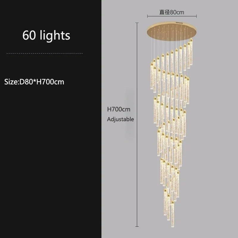 Stairs Dimmable Ceiling Chandelier Home Decor Modern LED Crystal Long Chandeliers Luxury Kitchen Villa Living Room Pendant Light(Warm Light,60 Lights)