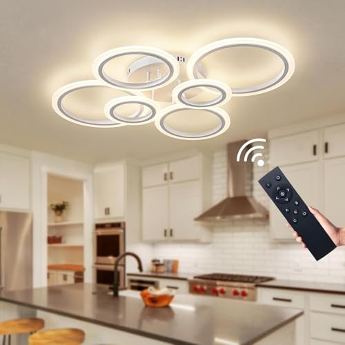 1pc 6 Rings Modern White Light Fixture Ceiling Mount with 1pc 8 Rings Square White Modern LED Ceiling Light Dimmbable Brightness and 3000-6000K Light Color by Remote Control