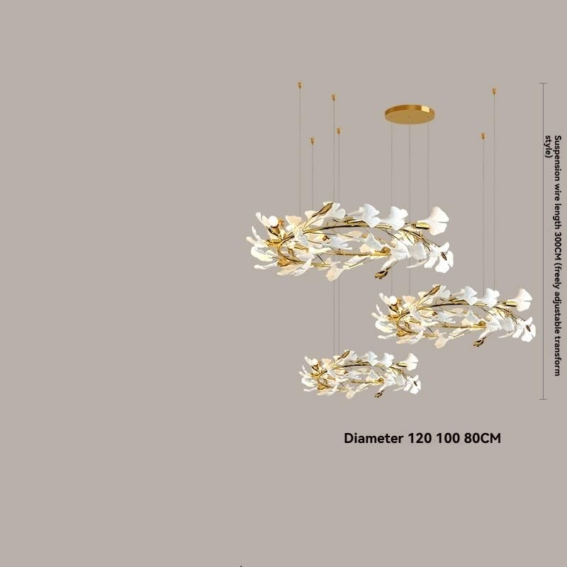 Ceiling Pendant Light, Round Ginkgo Leaf Chandelier Ring for Duplex Staircase Living Room Long Gold Hanging for High Ceiling Vila Hotel(Warm White,D80 100 120CM)