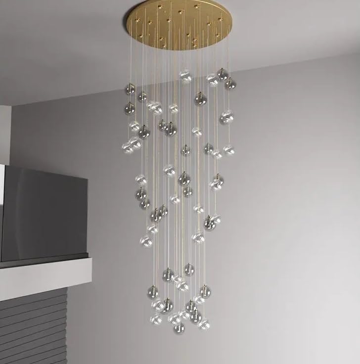 Chandelier Light, Modern Colorful Chandelier Revolving Staircase Pendant Light Luxury Glass Ball Hollow Loft Duplex Building Large(50 Balls,Tricolor Light)