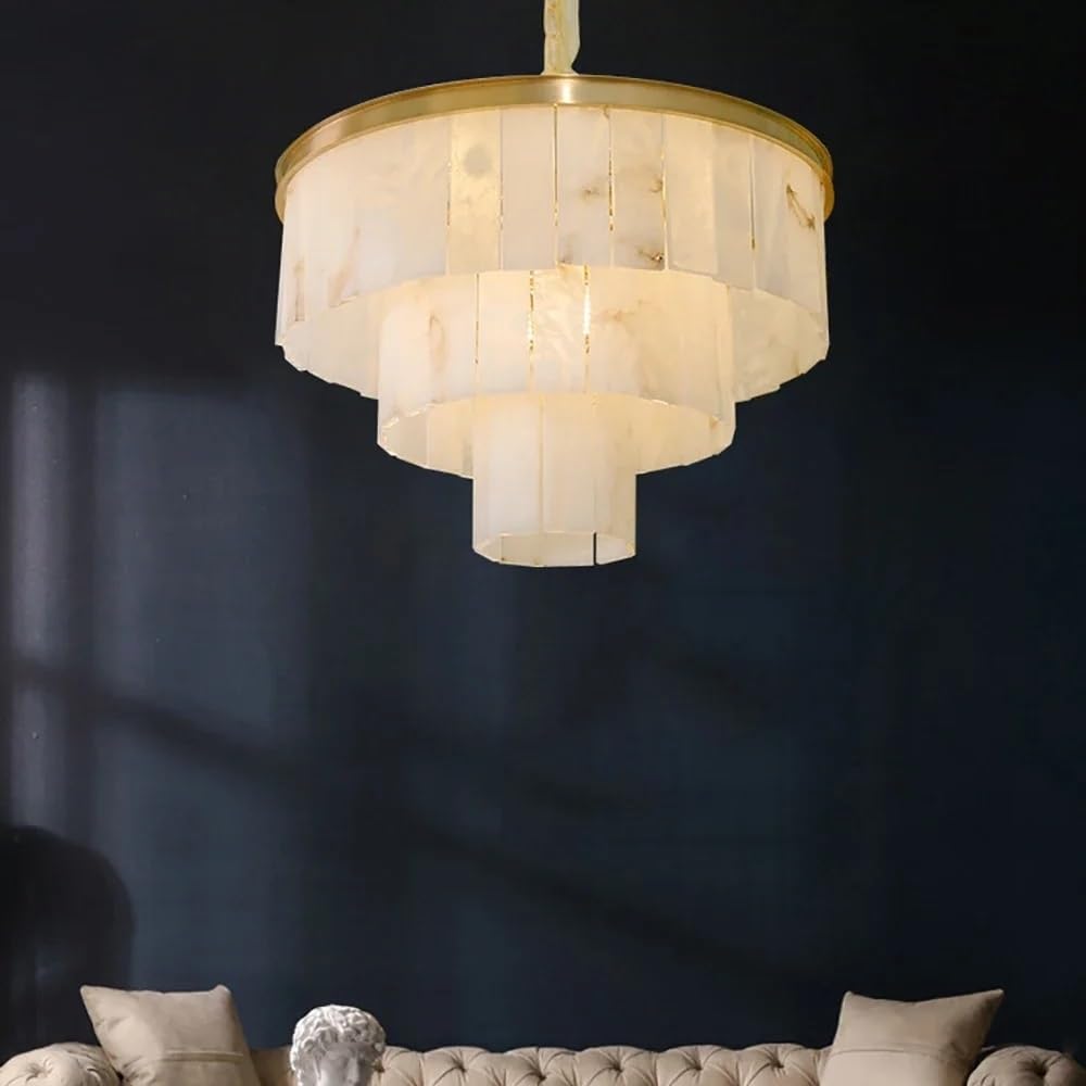 Natural Marble Ceiling Pendant Lights Copper Light Modern LED Home Appliance Stone Hanging Lamps Over Living Room Bedroom(Dimmable,Dia 80cm 4Tier)