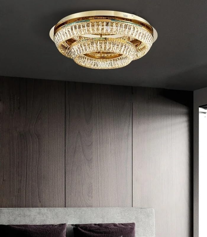 Chandelier, Art Deco Round Dimmable Silver Gold Crystal Lamparas De Techo Ceiling Lights. Light. Lamp for Foyer(100cm 2 Layer,Warm Light)