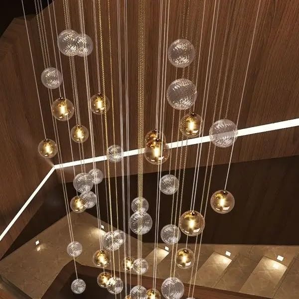 Chandelier Light, Modern Colorful Chandelier Revolving Staircase Pendant Light Luxury Glass Ball Hollow Loft Duplex Building Large(50 Balls,Tricolor Light)