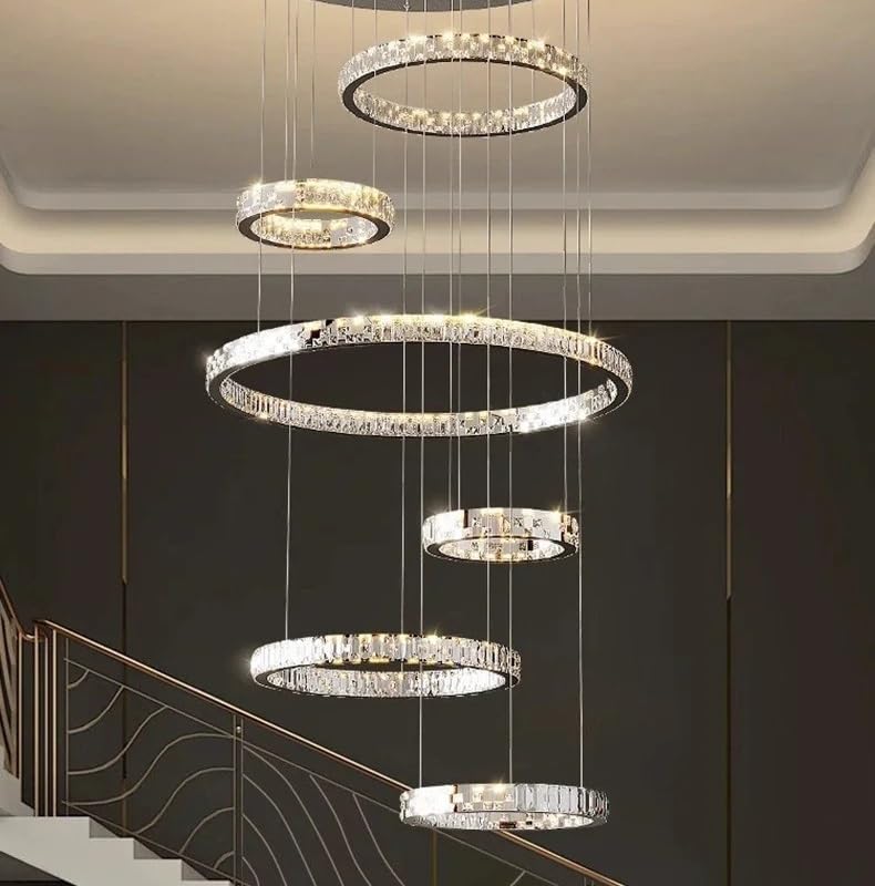 Ceiling Pendant Light, Modern Art Luxury Crystal Creative Chandelier for Staircase Track Food Table Bedroom Pendant Lamp Hanging Light Fixture(Dimming,6 Rings)