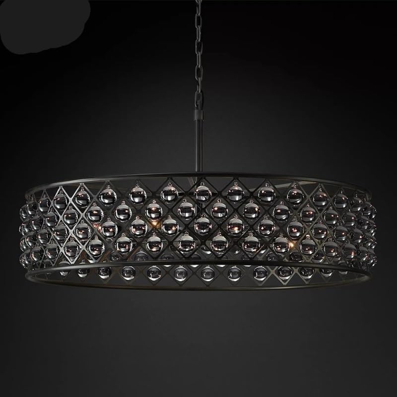 Retro Round Chandelier for Living Room Black Clear Glass Drops Pendant Hanging Light Fixture,Hanging Light(Tall Dia900mm)