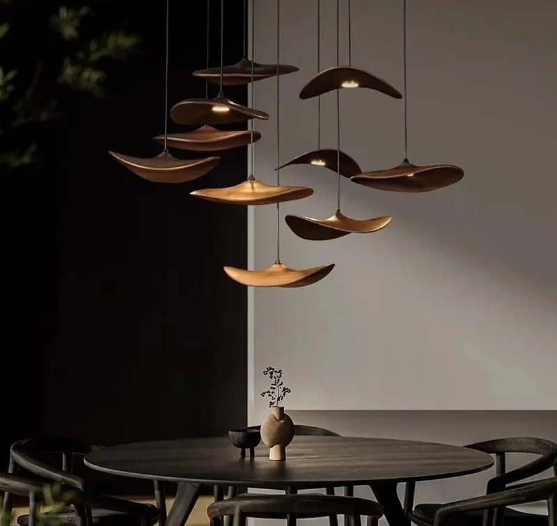 Antique Wooden Pendent Lamp Empty Leaf Chandelier for Restaurant Study Living Room Zen Tea Villa Staircase Decor Light(A Deep Color 16 Heads)