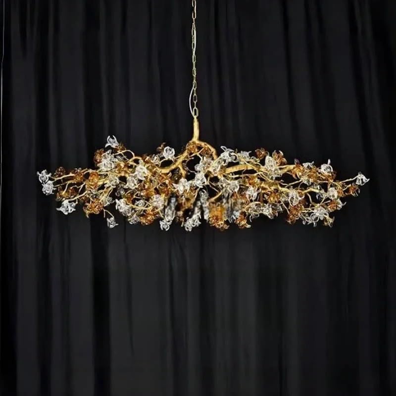 Pendant Lights, Ceiling Crystal Chandeliers Luxury Villa Designer Chandelier for Living Room Lamp Flower and Branch Art Tea(Neutral Light,Long 220x75cm)