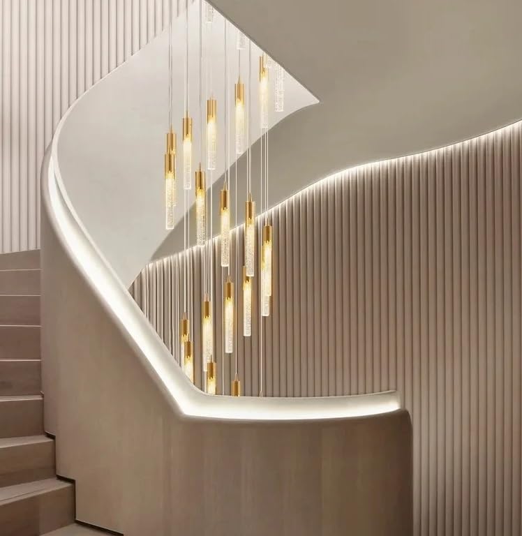 Luxury Villa Living Room Dining Staircase Chandelier Home Decoration Lighting Modern Long Crystal LED Ceiling(Natural Light,35 Heads)