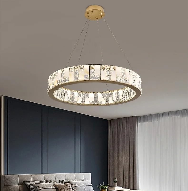 Modern Luxury Led Pendant Light with Snow Flake Print Suitable for Living Room Dining Crystal Lamp(2 Ring,Neutral Light)