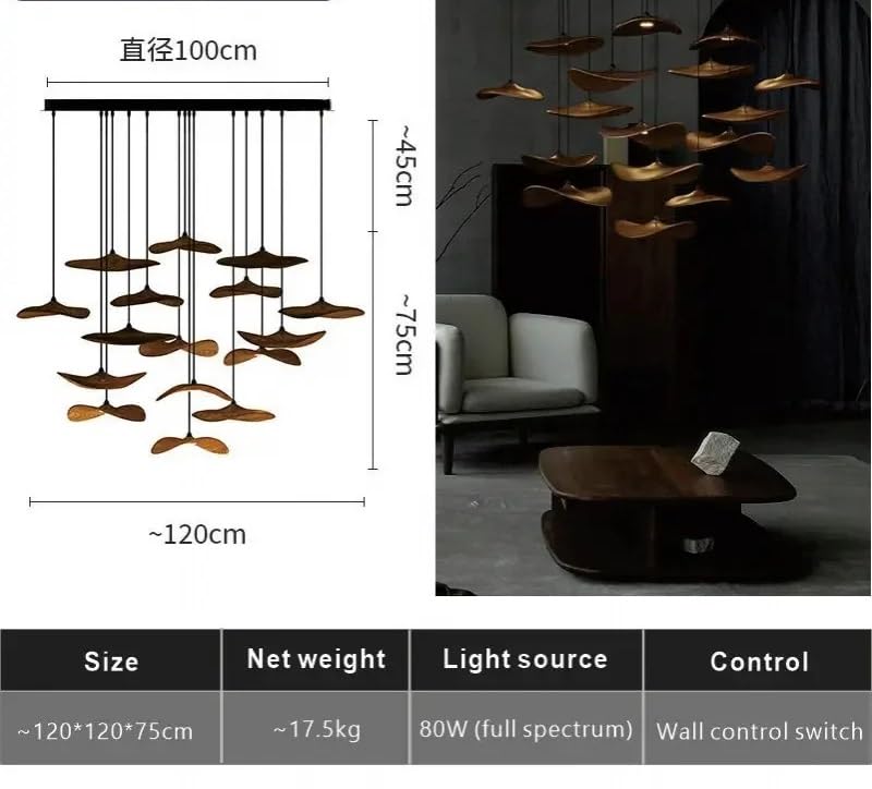 Antique Wooden Pendent Lamp Empty Leaf Chandelier for Restaurant Study Living Room Zen Tea Villa Staircase Decor Light(A Deep Color 16 Heads)