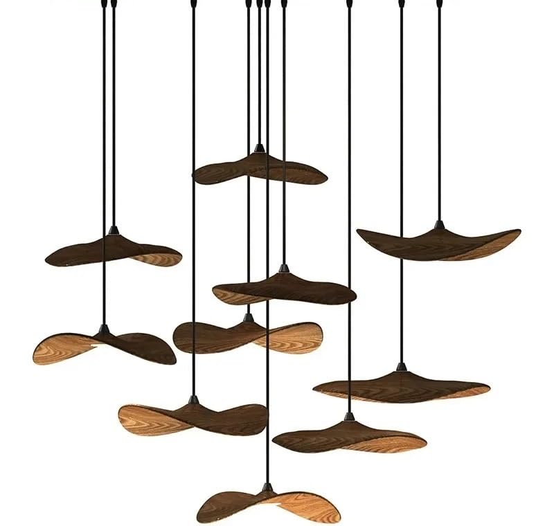Antique Wooden Pendent Lamp Empty Leaf Chandelier for Restaurant Study Living Room Zen Tea Villa Staircase Decor Light(A Deep Color 16 Heads)