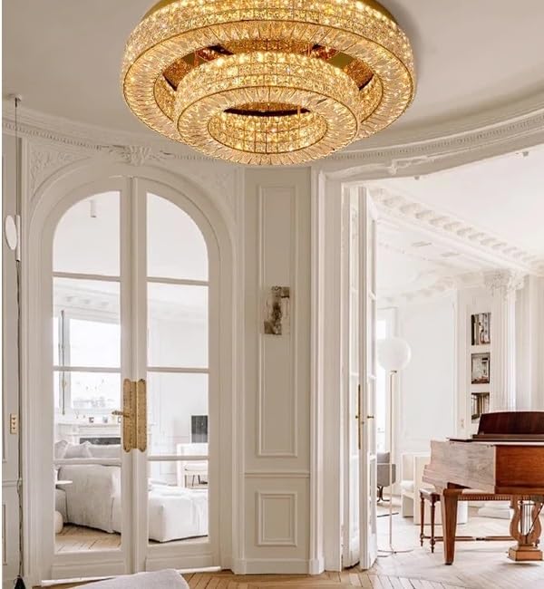 Chandelier, Large Living Room Crystal Gold Ceiling Lamp Led Two Tier Roof Light Fixture Apartment Round Home Decoration Lamparas Lustre(120 90cm,White Light)