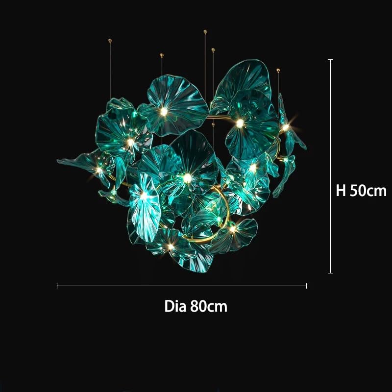 Chandelier Designed with Green Glass Leaves Art Pendant Lights for Island Hotel Restaurant Chandeliers Led Hanging Ceiling Lamp(Warm White,C 80CM)