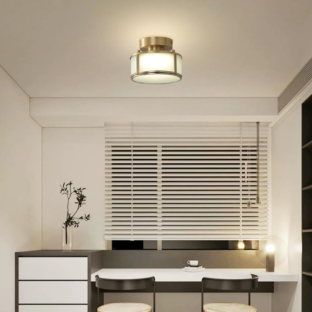 All Copper Glass Semi-recessed Ceiling Light Italian Interior Decoration Simple Lamps LED Three-Color Dimming Close to Lights for Kitchen Island Bedroom Living Room Coffee