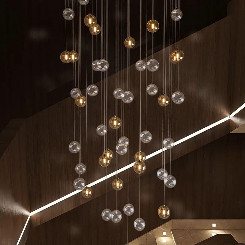 Chandelier Light, Modern Colorful Chandelier Revolving Staircase Pendant Light Luxury Glass Ball Hollow Loft Duplex Building Large(50 Balls,Tricolor Light)