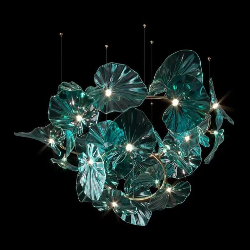 Chandelier Designed with Green Glass Leaves Art Pendant Lights for Island Hotel Restaurant Chandeliers Led Hanging Ceiling Lamp(Warm White,C 80CM)