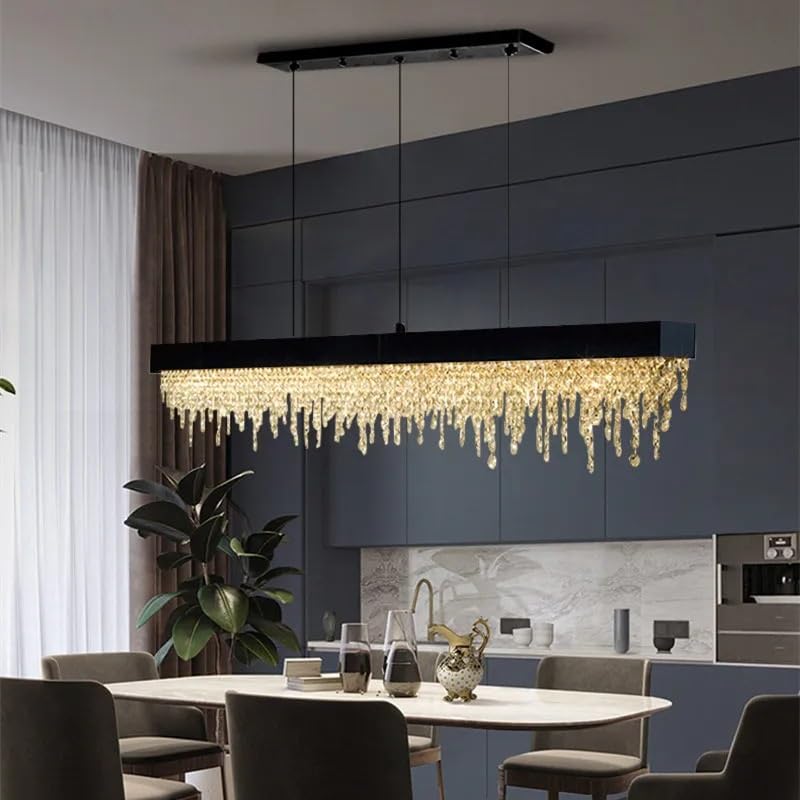 Chandelier Light, French with Sense of Luxury Creative Art Crystal Chandelier Stainless Steel Modern Design Living Room Kitchen Lighting Fixture(Black,DIMMING_L200CM)