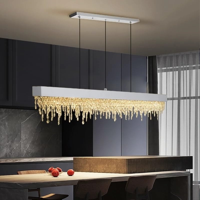 Chandelier Light, French with Sense of Luxury Creative Art Crystal Chandelier Stainless Steel Modern Design Living Room Kitchen Lighting Fixture(Black,DIMMING_L200CM)