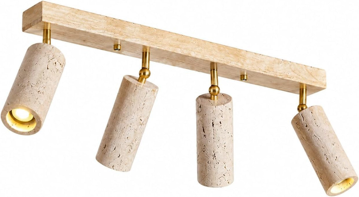 Yellow Travertine Ceiling Light, 4 Head LED Flush Mount Lamp with Wood Base