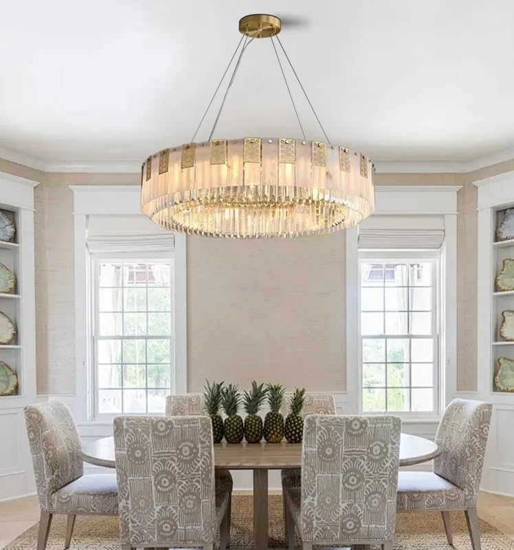 Chandelier, Classic Rectangle Marble Crystal Pendant Lights Luxury Traditional Brass Stone Hanging Lamp for Dining Table Decor Lamparas(Dia120cm,Dimming)