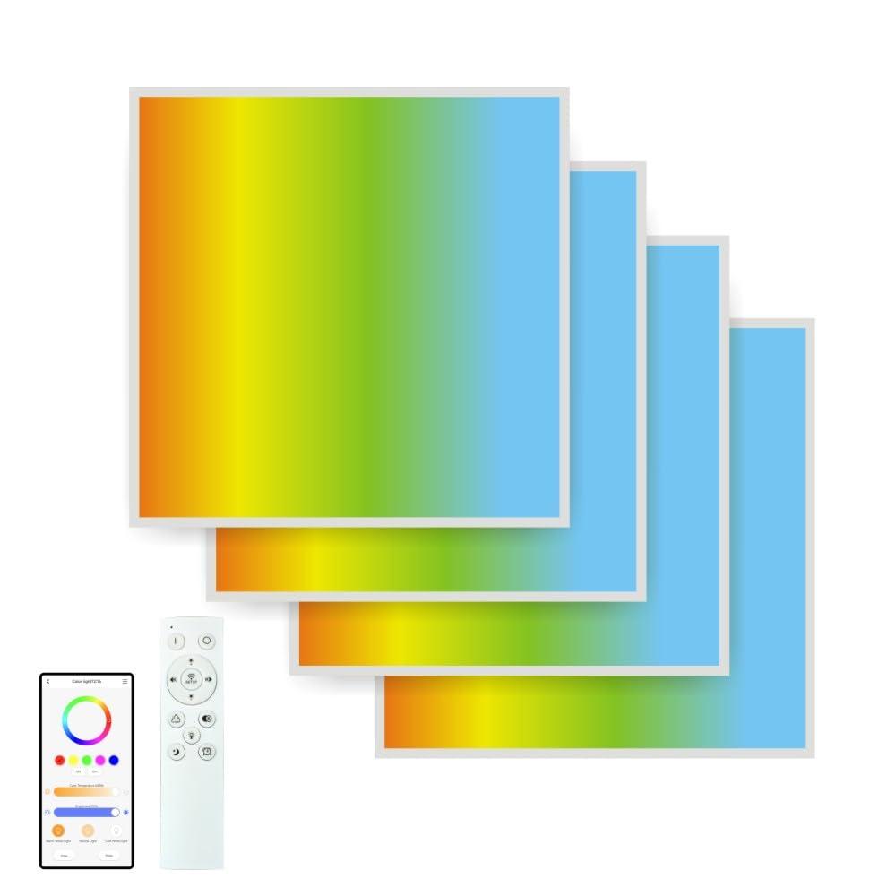 2x2 FT LED RGBCW Multicolor Flat Panel Remote & App Controlled 40W 4600lm Color Changing LED Panel Light Smart 2.4G Bletooth,Drop Ceiling Light with (4 Pack)