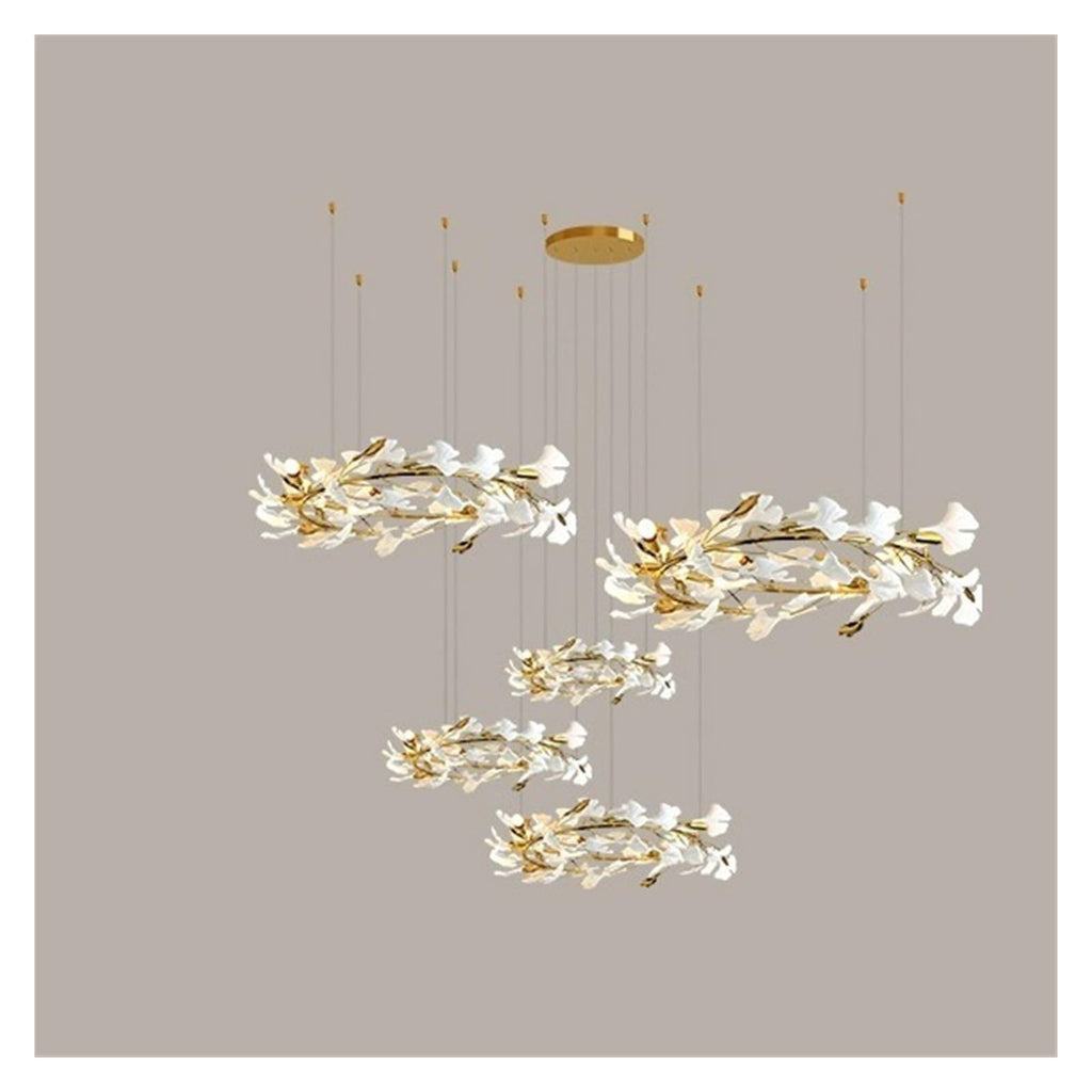 Round Ginkgo Leaf Chandelier Ring Long Gold Hanging For Hotel
