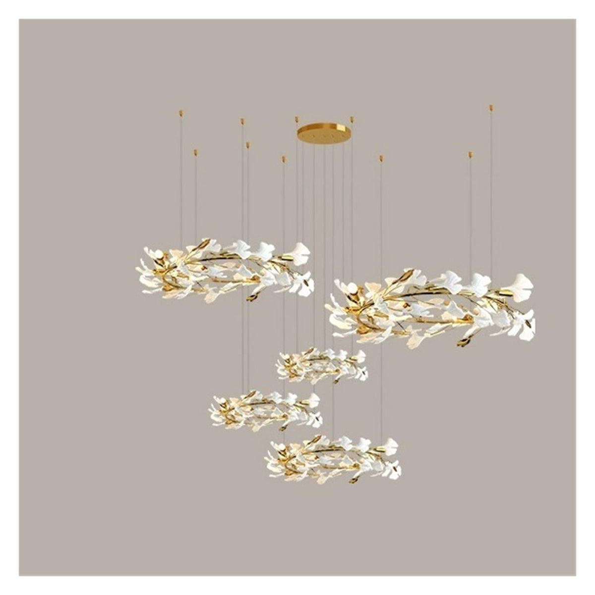 Round Ginkgo Leaf Chandelier Ring Long Gold Hanging For Hotel