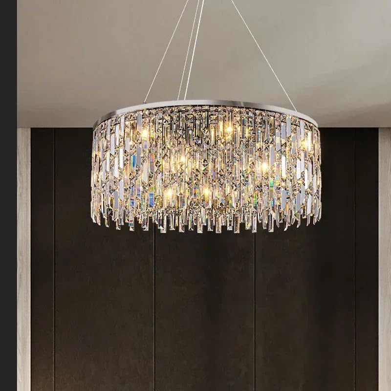 Modern Luxury Crystal Chandelier Living Room Dining Rectangle Kitchen Pendant Lamp Bedroom Round LED Lighting(Cold White,Dia95cm)