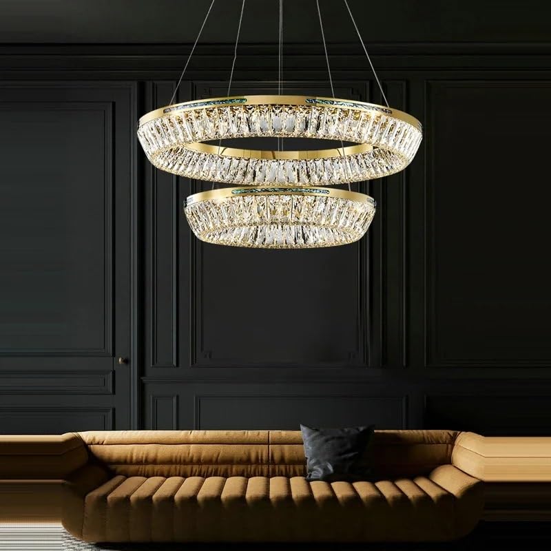 Chandelier, Art Deco Round Dimmable Silver Gold Crystal Lamparas De Techo Ceiling Lights. Light. Lamp for Foyer(100cm 2 Layer,Warm Light)