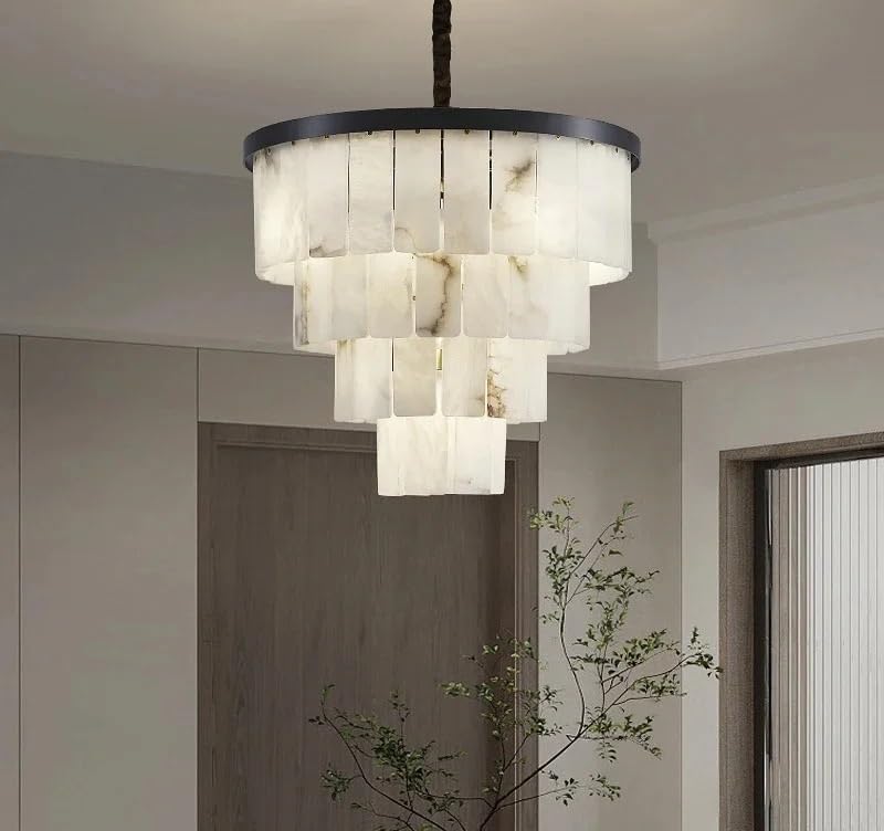 Nordic Postmodern Minimalist Living Room Aisle Brass Marble Chandelier Retro Personality Bedroom Study Alabaster Pendant Light(48lights D110 H100cm)
