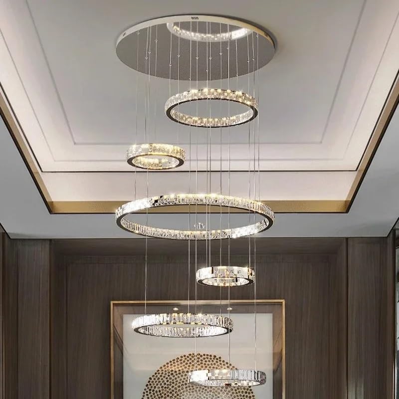 Ceiling Pendant Light, Modern Art Luxury Crystal Creative Chandelier for Staircase Track Food Table Bedroom Pendant Lamp Hanging Light Fixture(Dimming,6 Rings)