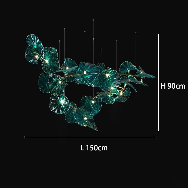 Chandelier Designed with Green Glass Leaves Art Pendant Lights for Island Hotel Restaurant Chandeliers Led Hanging Ceiling Lamp(Cold White,B 150CM)
