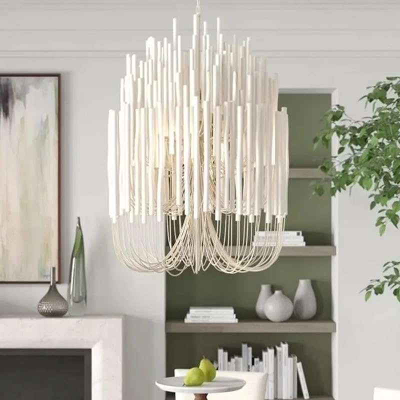 Chandelier, Dense Creative Bohemian Style Wood Art Chandelier Restaurant Lighting Design Model Room Clothing Store Soft Decoration(Cold White,White_D70XH80CM)