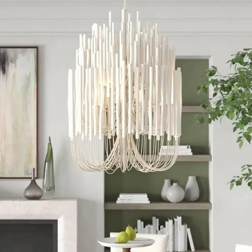 Chandelier, Dense Creative Bohemian Style Wood Art Chandelier Restaurant Lighting Design Model Room Clothing Store Soft Decoration(Warm White,White_D70XH80CM)