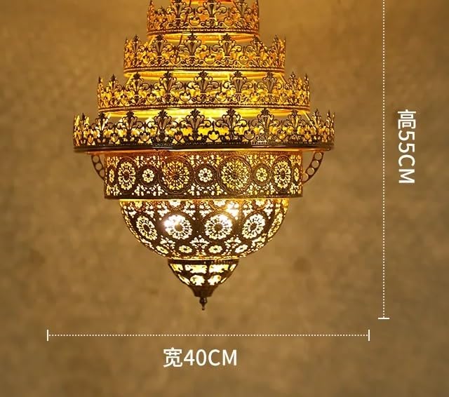 Pendant Lights, Classical Flame Pendant Light LED Zen Art Gold Lustre Hollow Carved Moroccan Lamp Hotel Buddha Hall Loft Restaurant(D80 H90CM)