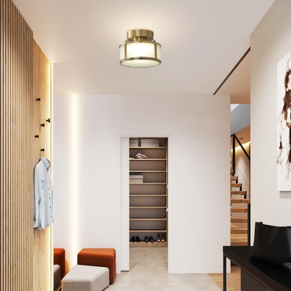 All Copper Glass Semi-recessed Ceiling Light Italian Interior Decoration Simple Lamps LED Three-Color Dimming Close to Lights for Kitchen Island Bedroom Living Room Coffee