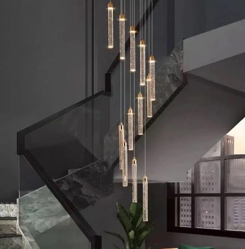 Stairs Dimmable Ceiling Chandelier Home Decor Modern LED Crystal Long Chandeliers Luxury Kitchen Villa Living Room Pendant Light(Tricolor,60 Lights)