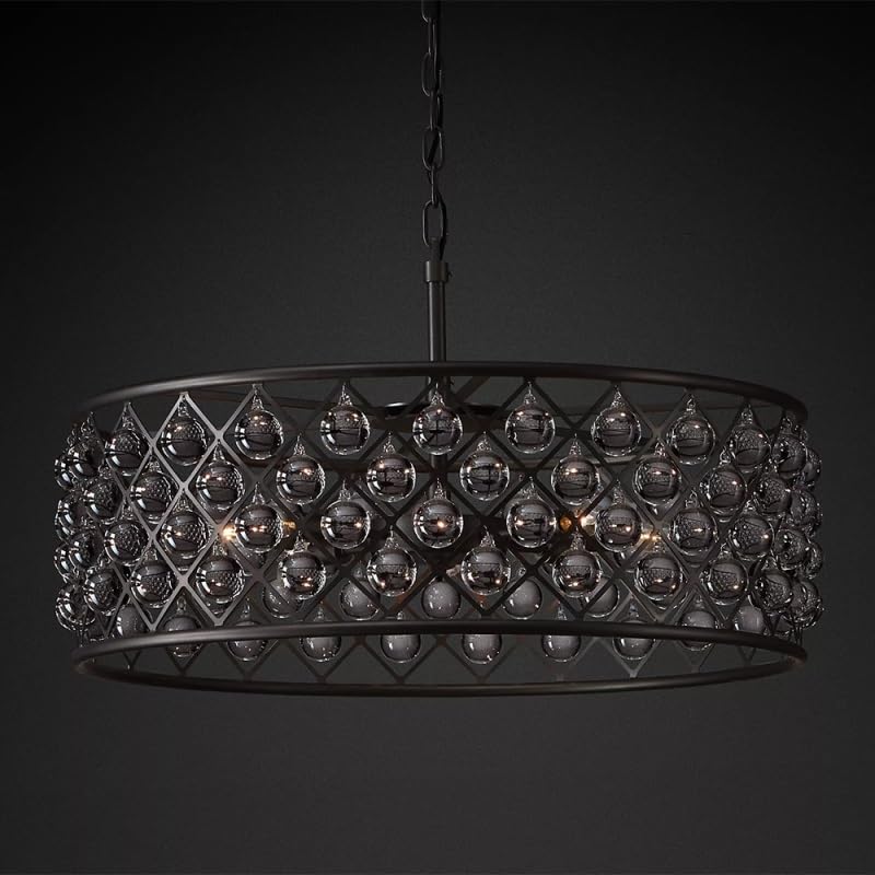 Retro Round Chandelier for Living Room Black Clear Glass Drops Pendant Hanging Light Fixture,Hanging Light(Tall Dia900mm)