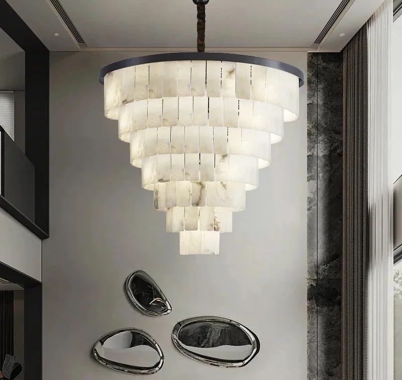 Nordic Postmodern Minimalist Living Room Aisle Brass Marble Chandelier Retro Personality Bedroom Study Alabaster Pendant Light(48lights D110 H100cm)