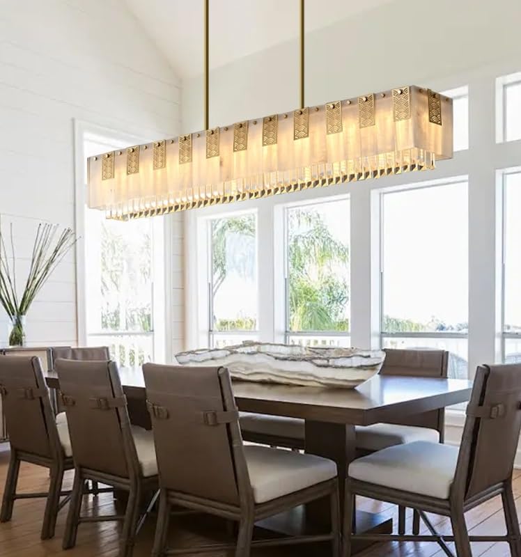 Chandelier, Classic Rectangle Marble Crystal Pendant Lights Luxury Traditional Brass Stone Hanging Lamp for Dining Table Decor Lamparas(Dia120cm,Dimming)
