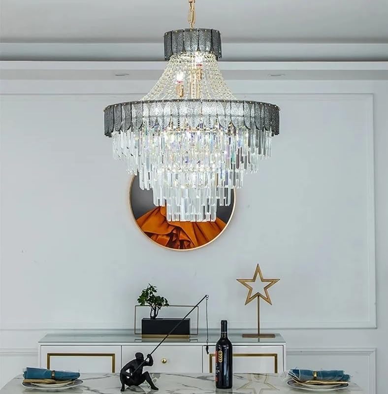 Chandelier Light, Duplex Building Light Luxury Crystal Chandelier Luxurious Atmosphere High-End Modern Living Room Main Villa Fixtures(Neutral Light,Smoke Grey 150CM)