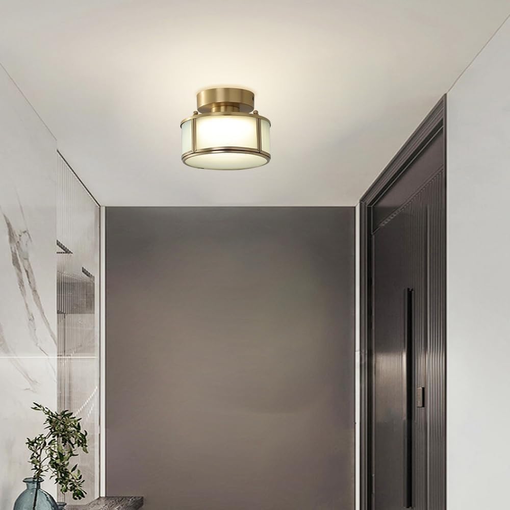 All Copper Glass Semi-recessed Ceiling Light Italian Interior Decoration Simple Lamps LED Three-Color Dimming Close to Lights for Kitchen Island Bedroom Living Room Coffee