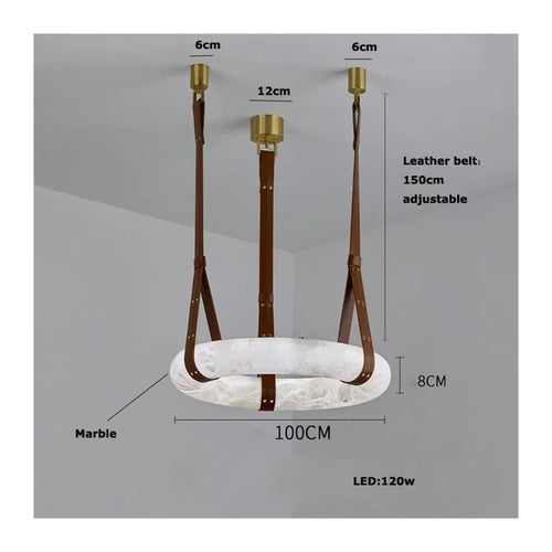 Chandelier LED Classic Marble Ring Brown Leather Belt Hanging Lamps Lustre Pendant Light Suspension Luminaire Lampen,Soft Light