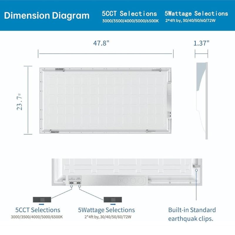 24 Pack 2x4 LED Flat Panel Light for Drop Ceiling, 9360lm Selectable 30W/40W/50W/60W/72W, Color Temperature 3000K/3500K/4000K/5000K/6500K, 0-10V Dimmable, 120-277V, ETL
