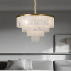 Natural Marble Ceiling Pendant Lights Copper Light Modern LED Home Appliance Stone Hanging Lamps Over Living Room Bedroom(Dimmable,Dia 80cm 4Tier)