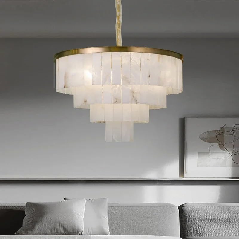 Natural Marble Ceiling Pendant Lights Copper Light Modern LED Home Appliance Stone Hanging Lamps Over Living Room Bedroom(Dimmable,Dia 80cm 4Tier)