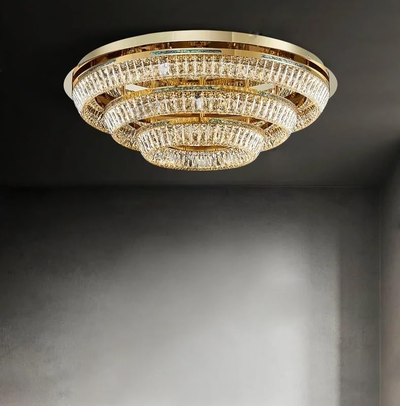 Chandelier, Art Deco Round Dimmable Silver Gold Crystal Lamparas De Techo Ceiling Lights. Light. Lamp for Foyer(100cm 2 Layer,Warm Light)