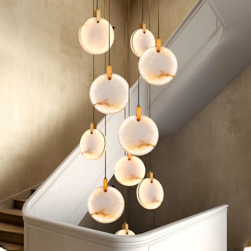 Modern Long Pendant Lights Luxury Staircase Marble Crystal Hanging Lamp Living Room Decoration Stone Led Villa Lighting Fixture(Warm White,Dia70cm-15 Lights)