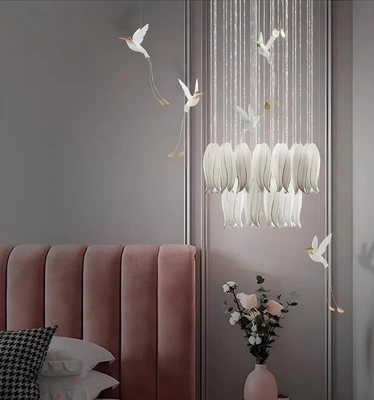 Pendant Lights, Creative Ceramic Tulip Chandelier for Stairway Loft Luxury Duplex Building Empty Living Room Hall Bedroom Dining Decor Lamp(26 Heads)