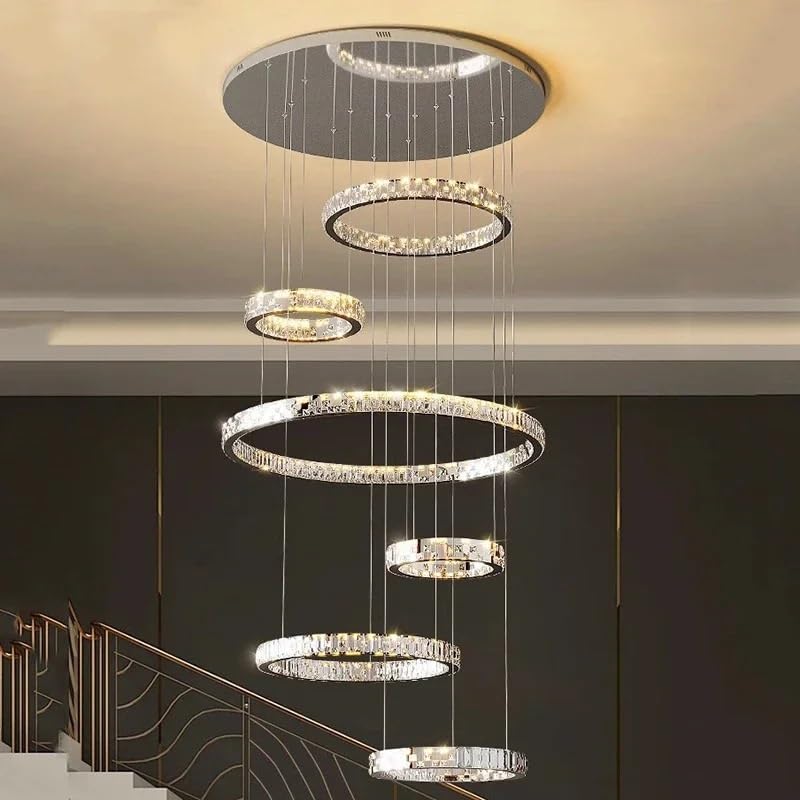 Ceiling Pendant Light, Modern Art Luxury Crystal Creative Chandelier for Staircase Track Food Table Bedroom Pendant Lamp Hanging Light Fixture(Dimming,6 Rings)